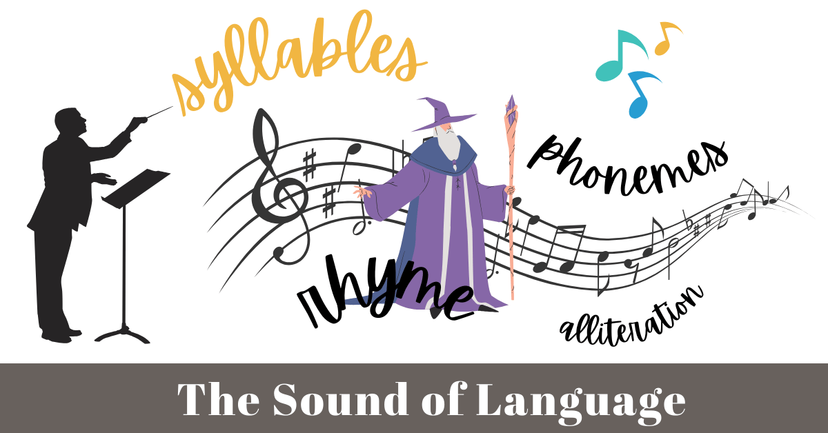 Blog series feature image on the sound of language - syllables. Graphics of a composer silhouette with floating musical staff, musical notes, and the words syllables, rhyme, alliteration, and phonemes.