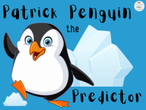 Graphics of a friendly looking penguin and his name: Patrick Penguin the Predictor