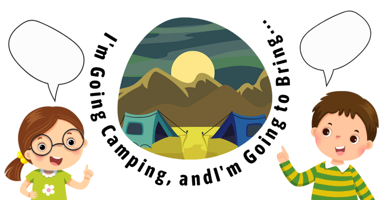 Feature blog post image showing graphics of a young boy and girl with speech bubbles and a camping sunrise scene with the words, "I'm going camping, and I'm going to bring..."