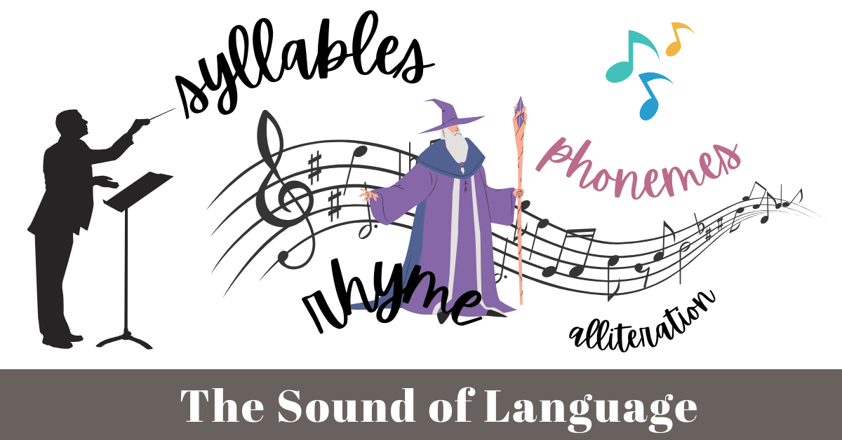 Blog series feature image on the sound of language - phonemes. Graphics of a composer silhouette with floating musical staff, musical notes, and the words syllables, rhyme, alliteration, and phonemes.