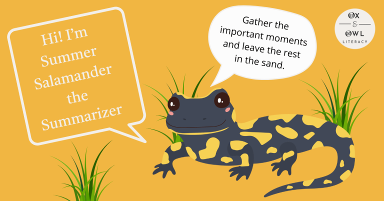 Feature blog post image with graphics of a smiling salamander introducing itself and saying, "Gather the important moments and leave the rest in the sand."